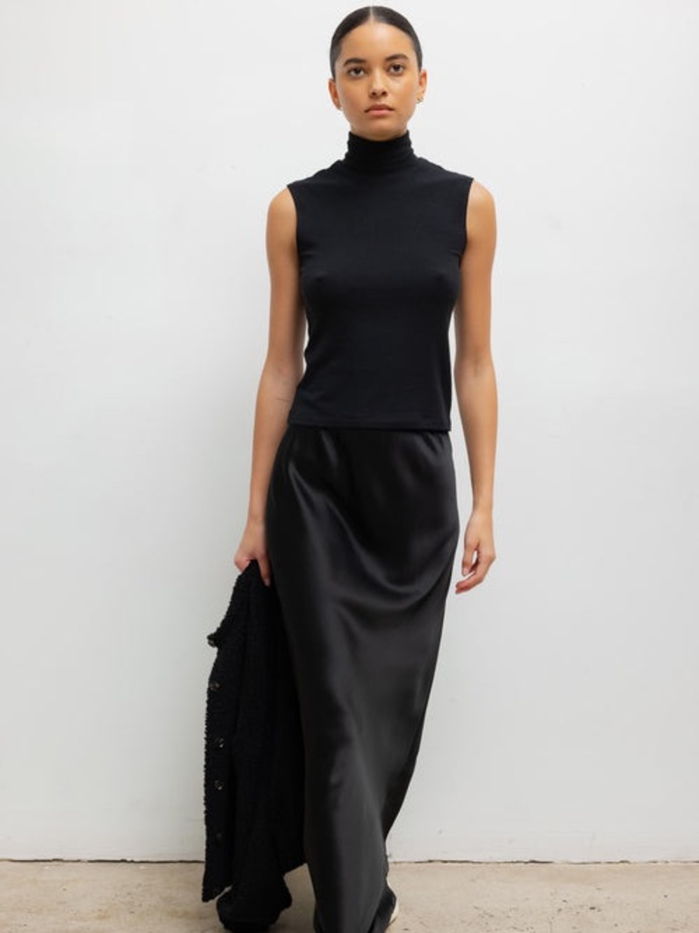 LESET Barb satin maxi skirt in black - Small